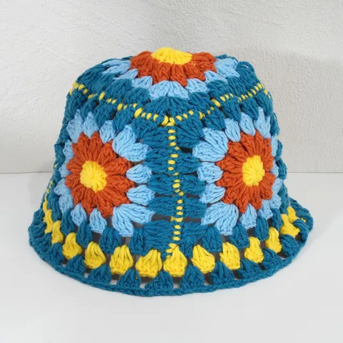 Women Colorful Crochet Flower Bucket Hat Knitted Polyester Fisherman Hat Boho Hippie Chic Winter Warm Sun Hat For Travel Party