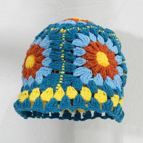 Women Colorful Crochet Flower Bucket Hat Knitted Polyester Fisherman Hat Boho Hippie Chic Winter Warm Sun Hat For Travel Party