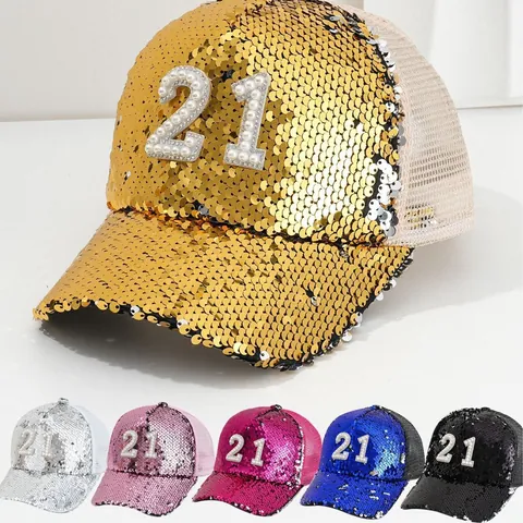 Shiny Sequin Baseball Cap With Number 21 Artificial Pearl Rhinestone Decorated Hip Hop Street Style Mesh Trucker Hat For Men Women