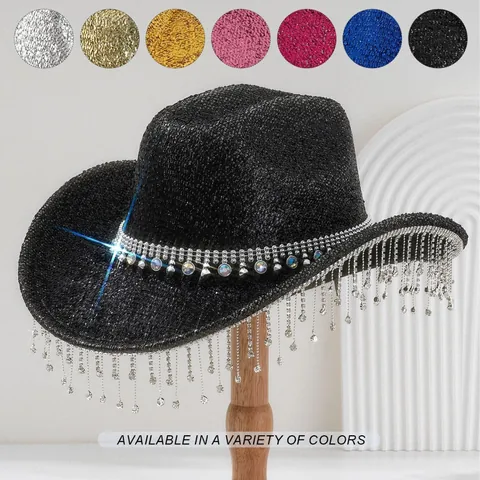 Y2K Sparkling Rhinestone Tassel Cowboy Hat For Women Men Music Festival Carnival Sequin Fedora Party Hat With Gemstones
