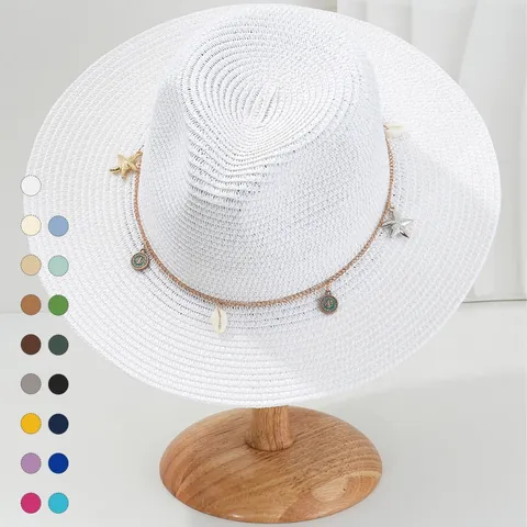 Panama Stijl Strohoed Voor Dames Heren Schelp Zeester Metalen Ketting Platte Rand Zonbescherming Strand Vakantie Zomer Geweven Hoed