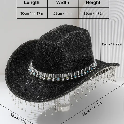 Y2K Sparkling Rhinestone Tassel Cowboy Hat For Women Men Music Festival Carnival Sequin Fedora Party Hat With Gemstones