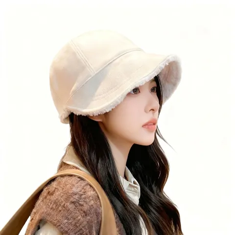 Women's Fashion Lamb Wool Lined Brimmed Bucket Hat Thickened Warm Short Brim Baseball Cap Autumn Winter Outdoor Casual Hat
