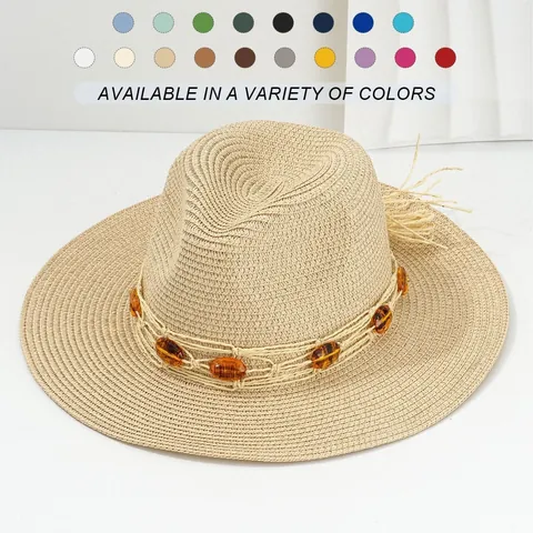 Panama Style Handwoven Paper Straw Hat For Women Unisex Beach Sun Hat With Amber Stone Decoration Wide Brim Cowboy Hat For Summer Vacation