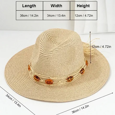 Panama Style Handwoven Paper Straw Hat For Women Unisex Beach Sun Hat With Amber Stone Decoration Wide Brim Cowboy Hat For Summer Vacation