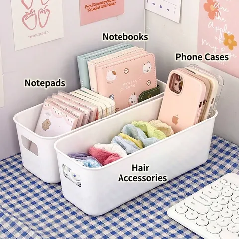 Minimalist Rectangular Desktop Storage Box PP Plastic Drawer Organizer Bin With Hollow Handles For Cosmetics Stationery