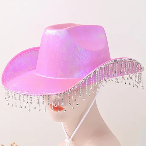 Holographic Polyester Rhinestone Tassel Cowboy Hat Shiny Fringe Wide Brim Western Fedora For Women Festival Party Dress Up