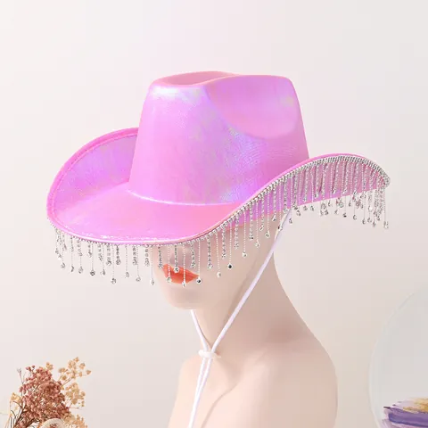 Holographic Polyester Rhinestone Tassel Cowboy Hat Shiny Fringe Wide Brim Western Fedora For Women Festival Party Dress Up