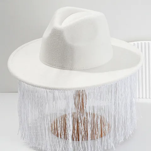 Damen Unisex Weiß Filzhut Fedora Mit Langen Fransen Herzförmiges Oberteil Geheimnis Luxus Party Cosplay Kostüm Hut