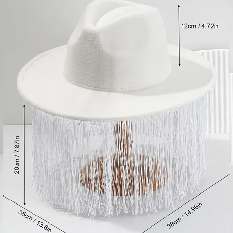 Damen Unisex Weiß Filzhut Fedora Mit Langen Fransen Herzförmiges Oberteil Geheimnis Luxus Party Cosplay Kostüm Hut