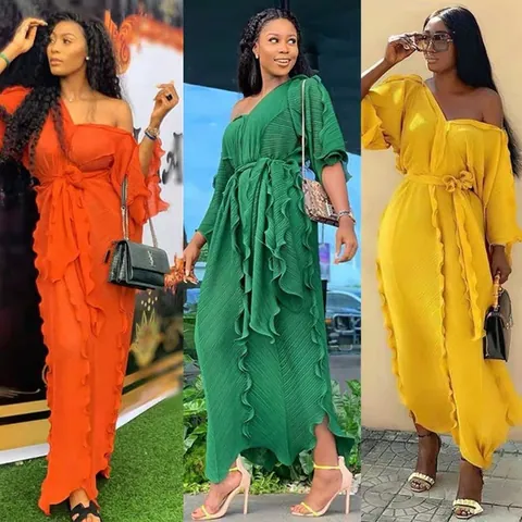 African Women Maxi Dress Pleated Ruffle Chiffon V Neck Off Shoulder Loose Flowy Formal Party Evening Dress