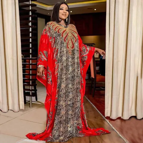 Women African Ethnic Style Kaftan Dress Leopard Digital Print Rhinestone Batwing Sleeve Loose Robe Polyester Chiffon Maxi Gown