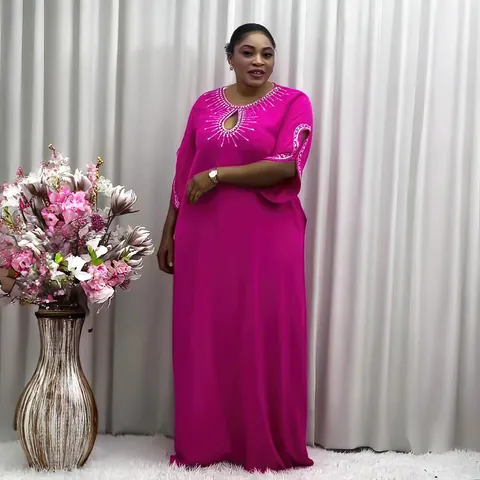African Plus Size Women Maxi Dress Loose Kaftan Abaya With Hot-fix Rhinestone Elegant Long Sleeve Party Dress