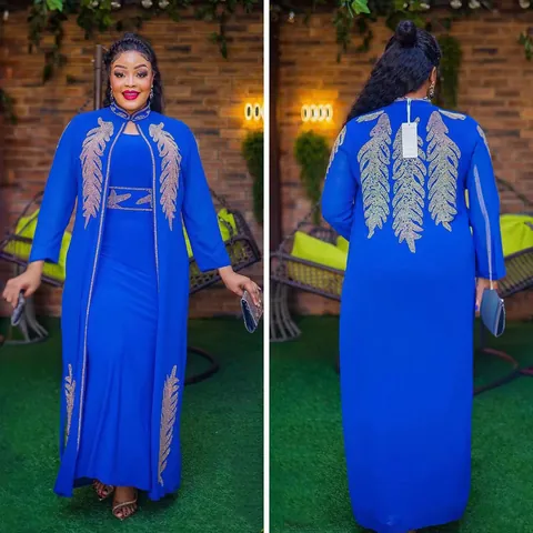 Women African Ethnic Linen Rhinestone Top And Bottom Elegant Stand Collar Long Sleeve Dress Gold Feather Hot Drilling Kaftan
