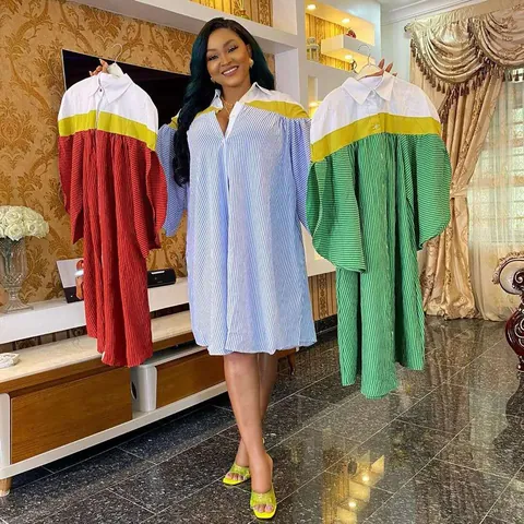 Women African Striped Shirt Dress Oversized Color Block Patchwork Button Down Midi Dress Polyester Cotton Blend Kaftan Dress