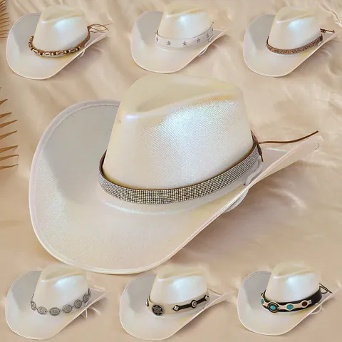 Cappello da Cowboy Bianco Iridescente per Donna Fedora Olografico Glitter Hat con Decorazione in Strass a Tesa Larga Western