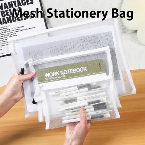 Minimalist Mesh Document Bag Zippered Pencil Case Portable Student Stationery Storage Pouch For School Office A4 A5 A6