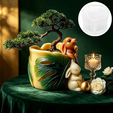 Monstera Leaf Rabbits Silicone Mold Easter Animal Relief DIY Scented Candle Plaster Mold Creative Planter Mold