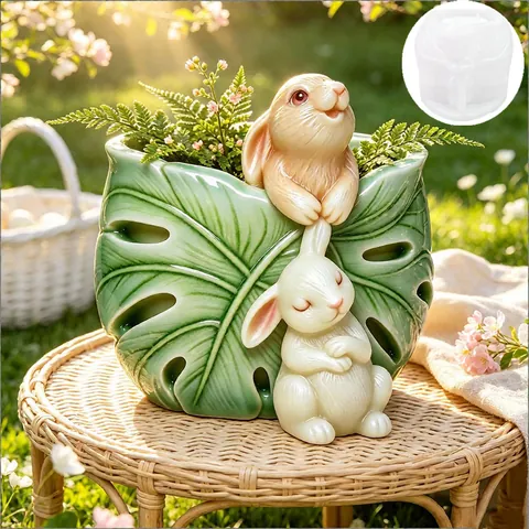 Monstera Leaf Rabbits Silicone Mold Easter Animal Relief DIY Scented Candle Plaster Mold Creative Planter Mold