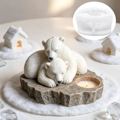 Cuddling Polar Bears Candlestick Silicone Mold For DIY Aromatherapy Candle Making Winter Animal Shape Fondant Cake Resin Casting Handmade Home Decor