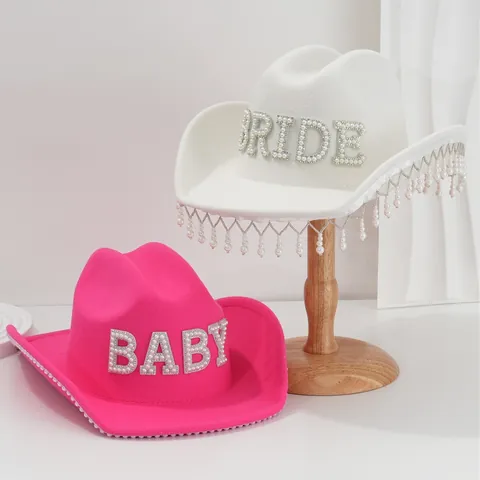 Women Pearl Rhinestone Cowboy Hat Bride Baby Mrs Letter Felt Fedora For Wedding Honeymoon Party Decorative Fashion Hat