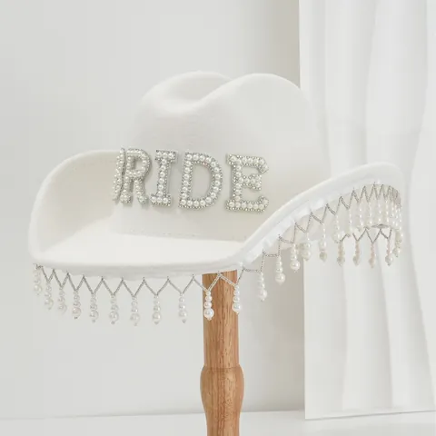 Women Pearl Rhinestone Cowboy Hat Bride Baby Mrs Letter Felt Fedora For Wedding Honeymoon Party Decorative Fashion Hat