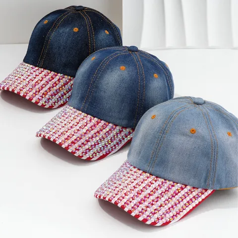 Women Heavywork Rhinestone Denim Baseball Cap Polyester Bling Crystal Sun Hat Retro Fashion Adjustable Outdoor Streetwear Hat