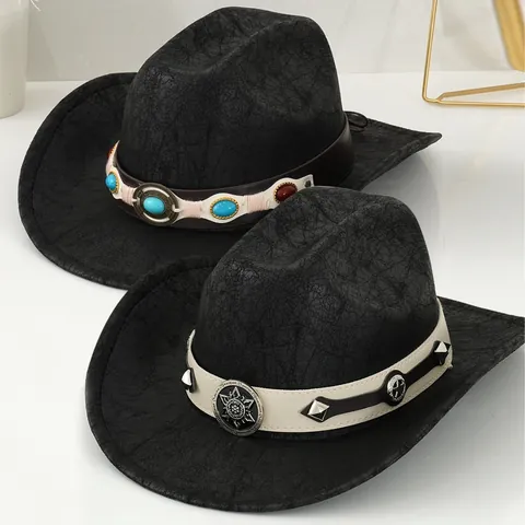 Western Cowboy Hat Vintage Wide Brim Sun Hat With Turquoise Rivet Belt For Women Men Black Outdoor Travel Fedora Hat