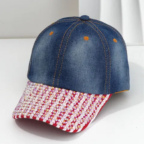 Women Heavywork Rhinestone Denim Baseball Cap Polyester Bling Crystal Sun Hat Retro Fashion Adjustable Outdoor Streetwear Hat