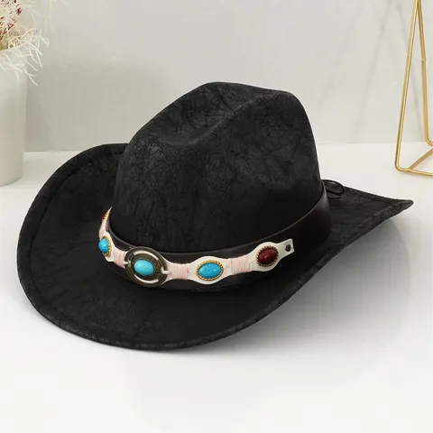 Western Cowboy Hat Vintage Wide Brim Sun Hat With Turquoise Rivet Belt For Women Men Black Outdoor Travel Fedora Hat