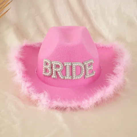 Women Pink Bride Cowgirl Hat With Feather Trim Pearl Rhinestone BRIDE Letter Western Style Hat For Bachelorette Party Wedding Music Festival