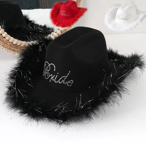 Cappello da Sposa Cowboy Occidentale Con Piume E Lettere In Strass Per Addio Al Nubilato Matrimonio Fotografia Donna