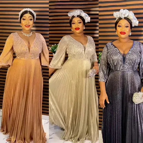 Luxurious African Style Women Evening Dress Deep V-Neck Pleated Gold Powder Glitter Rhinestone Long Sleeve Gown