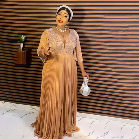 Luxurious African Style Women Evening Dress Deep V-Neck Pleated Gold Powder Glitter Rhinestone Long Sleeve Gown