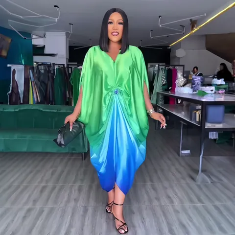 Women Plus Size African BUBU Kaftan Dress V-Neck Batwing Sleeve Rhinestone Gradient Polyester Rayon Maxi Dress Top And Bottom