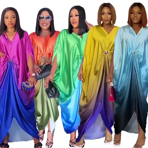 Women Plus Size African BUBU Kaftan Dress V-Neck Batwing Sleeve Rhinestone Gradient Polyester Rayon Maxi Dress Top And Bottom