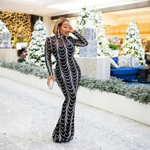 Women's Sequined Mermaid Evening Gown Long Sleeve African Style Formal Party Wedding Fishtail Dress With Inner Lining