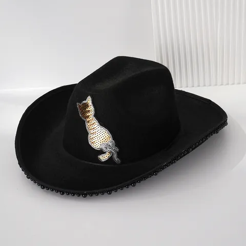 Women's Black Western Cowboy Hat Gold Sequin Cat Patch Artificial Pearl Trim Polyester Felt Party Fedora Wide Brim Hat