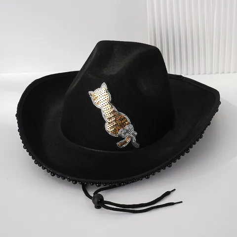 Women's Black Western Cowboy Hat Gold Sequin Cat Patch Artificial Pearl Trim Polyester Felt Party Fedora Wide Brim Hat