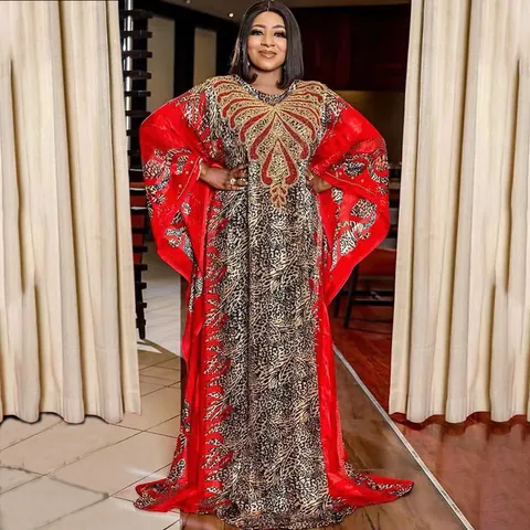 Women African Ethnic Style Kaftan Dress Leopard Digital Print Rhinestone Batwing Sleeve Loose Robe Polyester Chiffon Maxi Gown