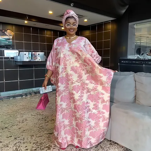 African Ethnic Style Bubu Loose Maxi Dress With Headscarf Batwing Sleeve Kaftan For Women Ethnic Floral Printed Satin Dress