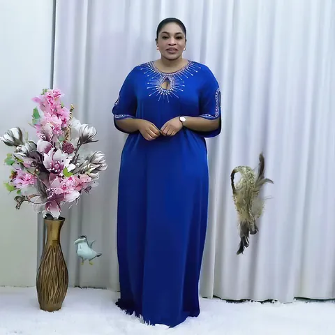 African Plus Size Women Maxi Dress Loose Kaftan Abaya With Hot-fix Rhinestone Elegant Long Sleeve Party Dress