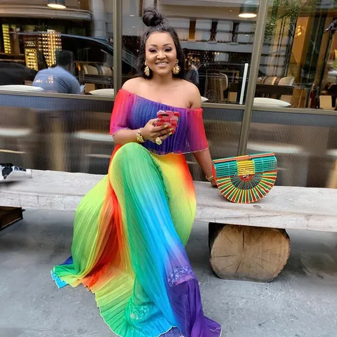 Women African Style Off-shoulder Pleated Long Dress Rainbow Gradient Digital Print Polyester Maxi Dress Plus Size Ethnic Fashion