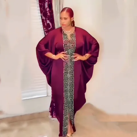 African Ethnic Style Plus Size Dress For Women Loose Pullover Batwing Sleeve Maxi Kaftan Dress With Rhinestone Greek Key Pattern