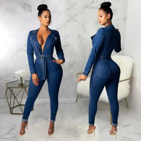 Women Sexy Deep V Neck Long Sleeve Denim Jumpsuit With Belt Slim Fit Skinny Cotton Jean Jumpsuit Romper For Streetwear Daily