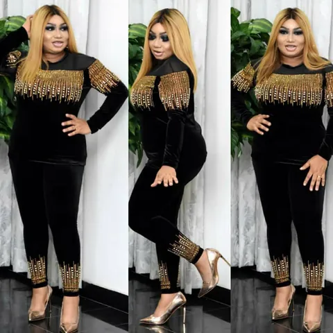 African Women Top And Bottom Set Gold Velvet Rhinestone Beading Decor Long Sleeve Pullover And Pants Ethnic Party Clothing