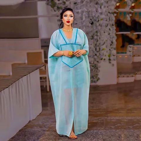 African Style Plus Size Women Top And Bottom Light Blue Mesh Embroidered Loose Robe And Inner Dress Elegant Summer Casual Outfit