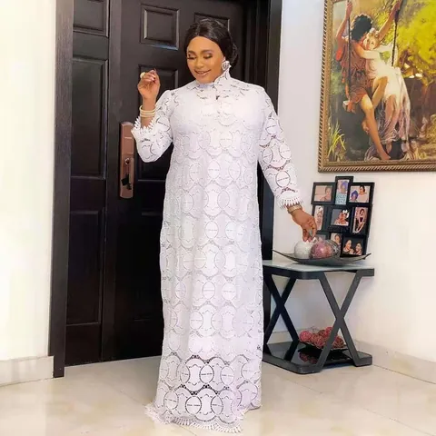 Women's African Ethnic Style White Guipure Lace Maxi Dress Elegant Hollow Out Long Sleeve Standing Collar Wedding Party Plus Size Dress