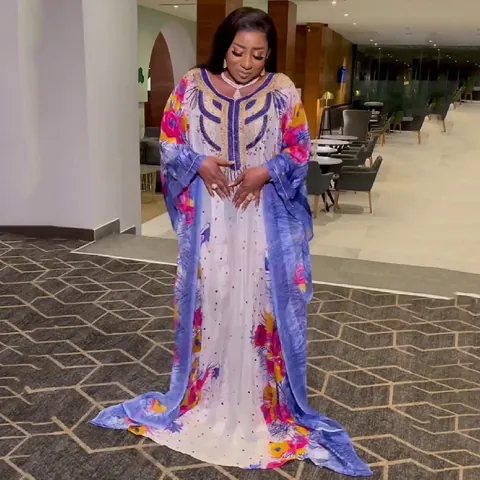 Women African Ethnic Chiffon Kaftan Dress Luxurious Rhinestone Embellished Large Swing Maxi Robe Top And Bottom Set