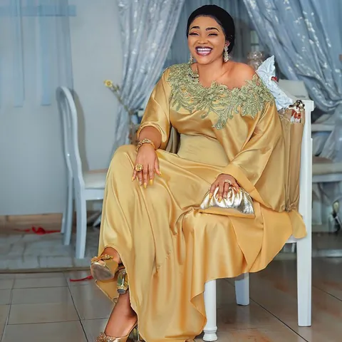 African Ethnic Gold Satin Kaftan Dress For Women Elegant Round Neck Embroidered Rhinestone Lace Boubou Robe Luxury Party Gown